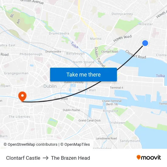 Clontarf Castle to The Brazen Head map