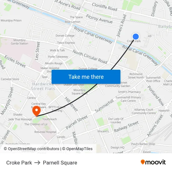Croke Park to Parnell Square map