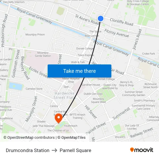 Drumcondra Station to Parnell Square map