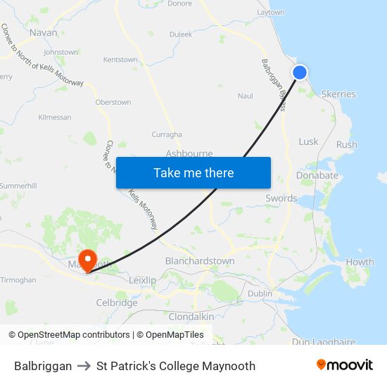 Balbriggan to St Patrick's College Maynooth map