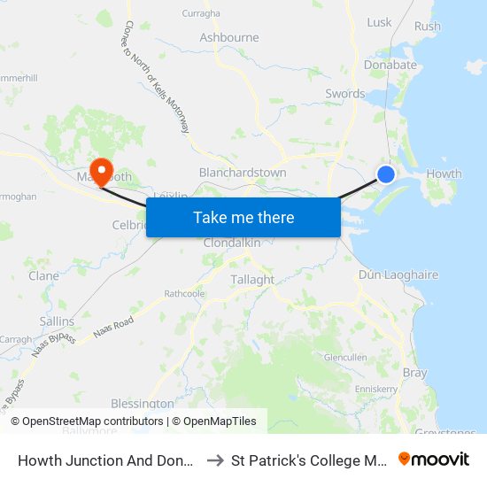 Howth Junction And Donaghmede to St Patrick's College Maynooth map