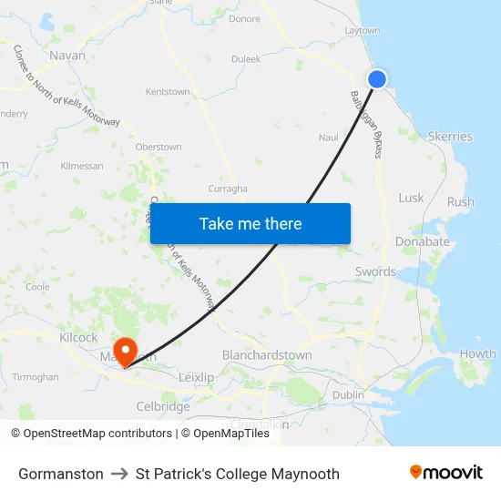 Gormanston to St Patrick's College Maynooth map