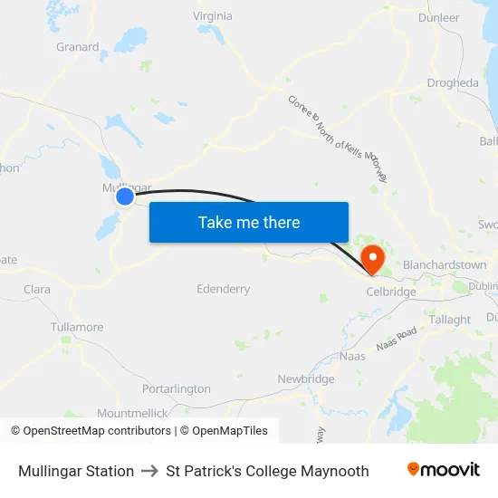 Mullingar Station to St Patrick's College Maynooth map
