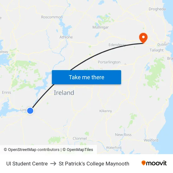 Ul Student Centre to St Patrick's College Maynooth map