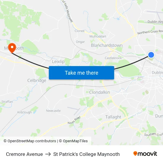 Cremore Avenue to St Patrick's College Maynooth map