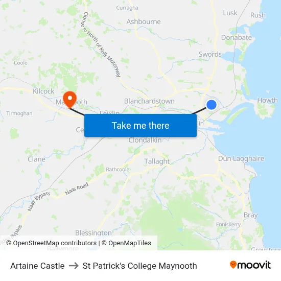 Artaine Castle to St Patrick's College Maynooth map