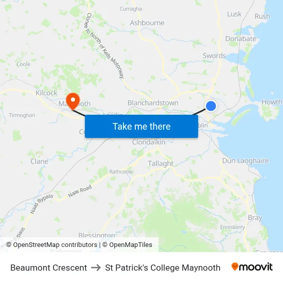 Beaumont Crescent to St Patrick's College Maynooth map
