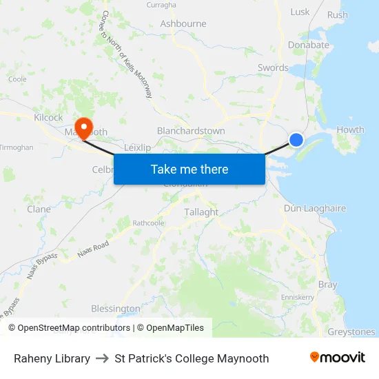 Raheny Library to St Patrick's College Maynooth map