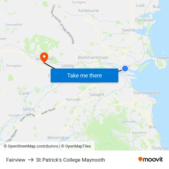 Fairview to St Patrick's College Maynooth map