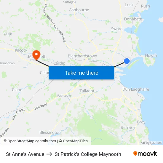 St Anne's Avenue to St Patrick's College Maynooth map