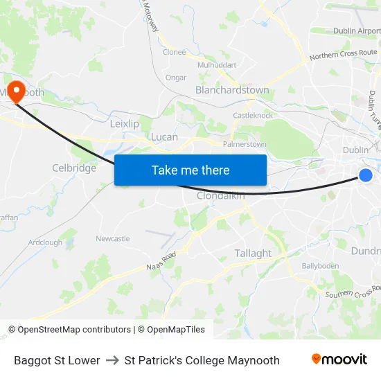 Baggot St Lower to St Patrick's College Maynooth map