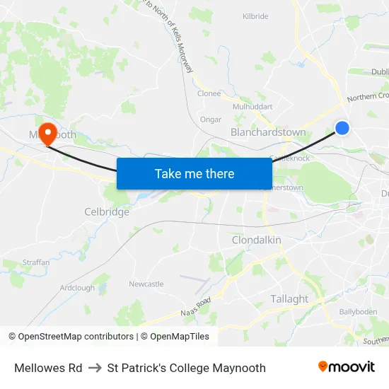 Mellowes Rd to St Patrick's College Maynooth map