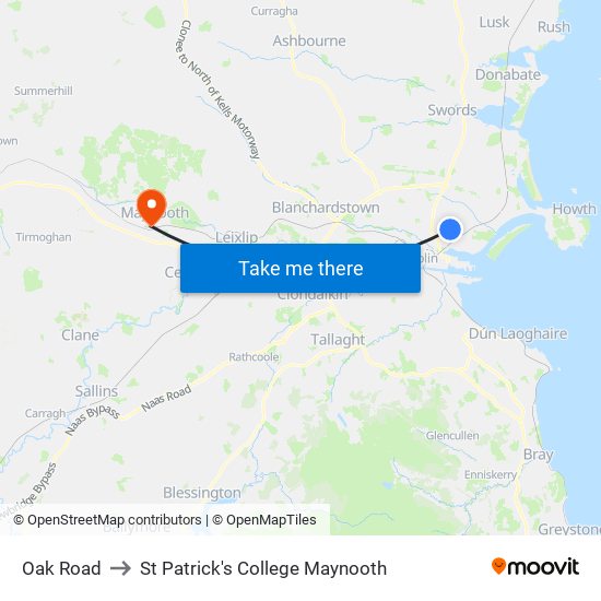 Oak Road to St Patrick's College Maynooth map