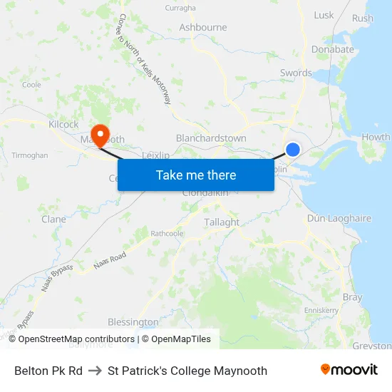 Belton Pk Rd to St Patrick's College Maynooth map