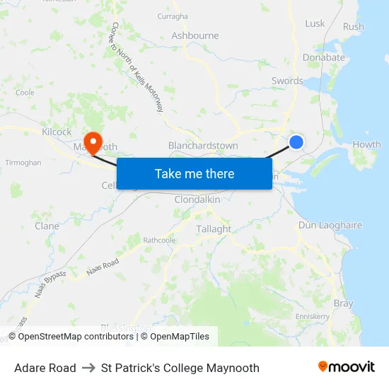 Adare Road to St Patrick's College Maynooth map