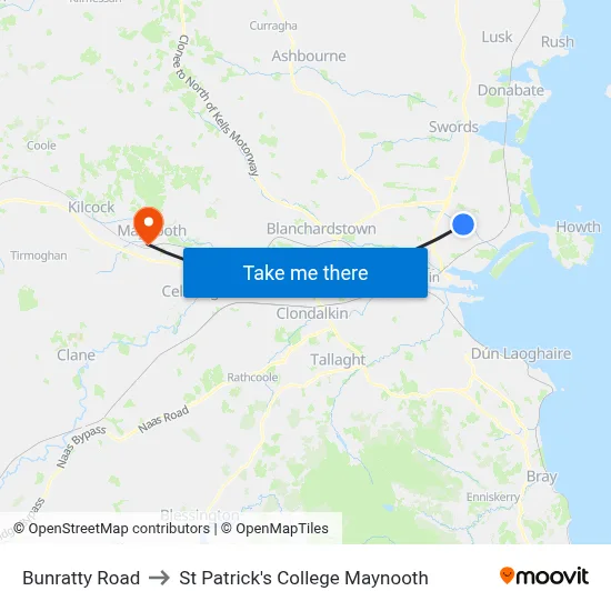 Bunratty Road to St Patrick's College Maynooth map