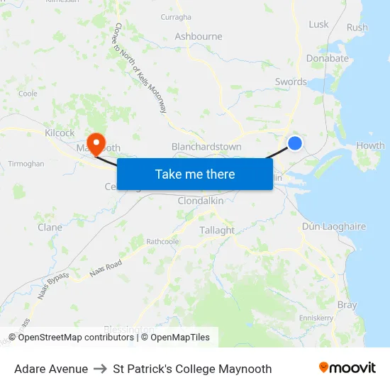 Adare Avenue to St Patrick's College Maynooth map