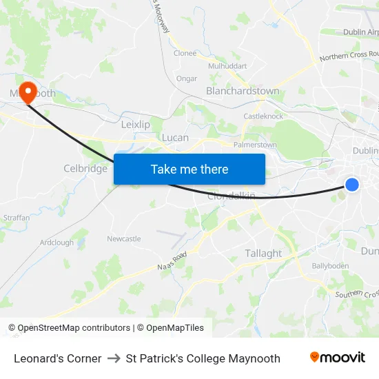 Leonard's Corner to St Patrick's College Maynooth map