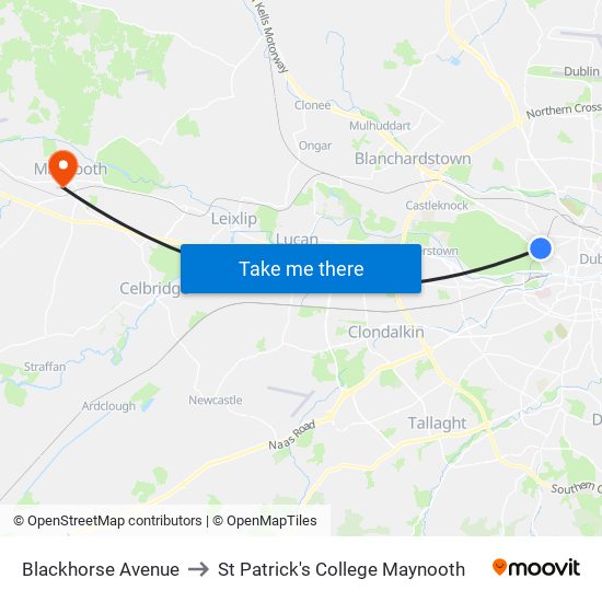 Blackhorse Avenue to St Patrick's College Maynooth map