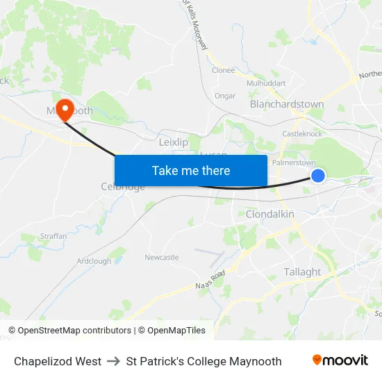 Chapelizod West to St Patrick's College Maynooth map