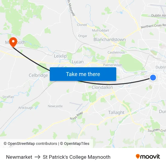 Newmarket to St Patrick's College Maynooth map