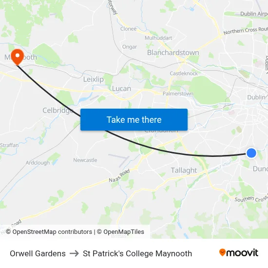 Orwell Gardens to St Patrick's College Maynooth map