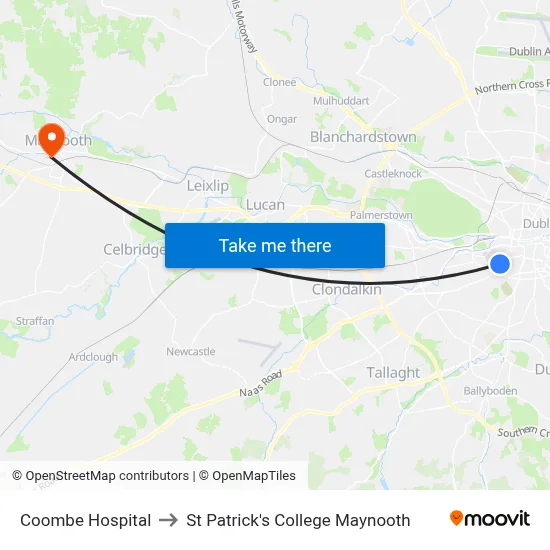 Coombe Hospital to St Patrick's College Maynooth map