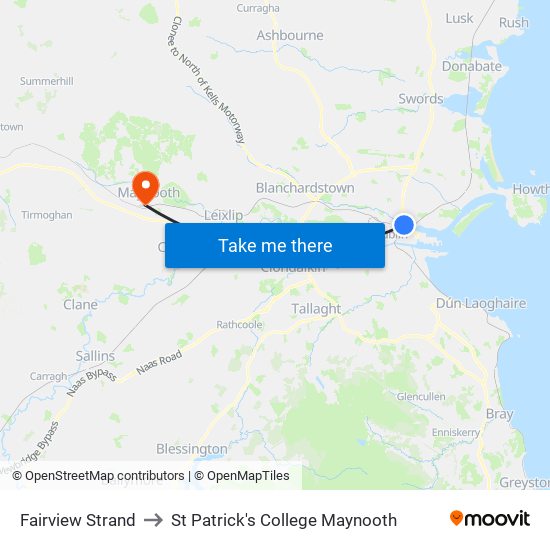 Fairview Strand to St Patrick's College Maynooth map