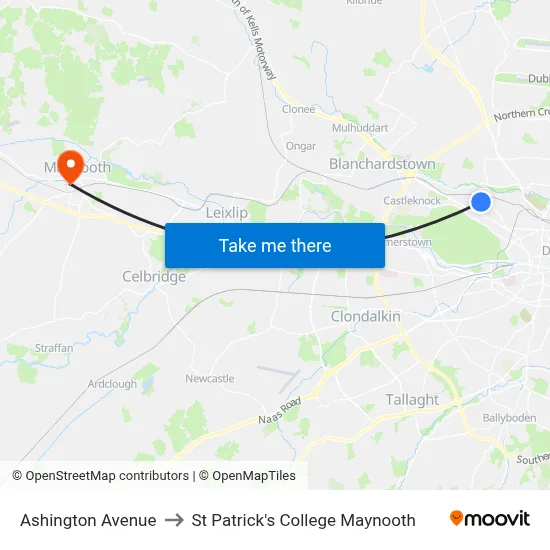 Ashington Avenue to St Patrick's College Maynooth map