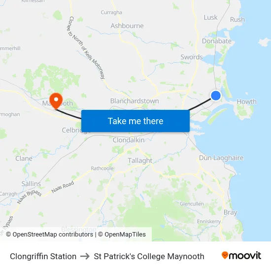Clongriffin Station to St Patrick's College Maynooth map