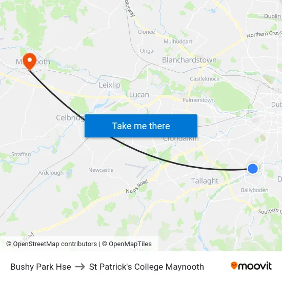 Bushy Park Hse to St Patrick's College Maynooth map