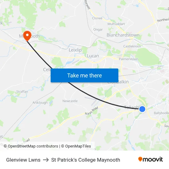 Glenview Lwns to St Patrick's College Maynooth map