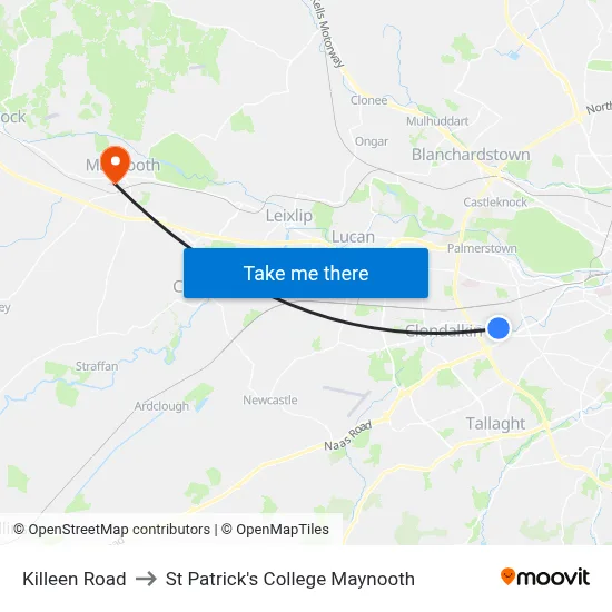 Killeen Road to St Patrick's College Maynooth map