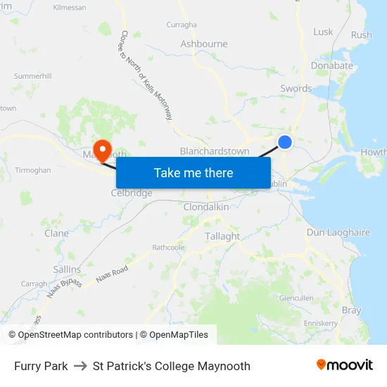 Furry Park to St Patrick's College Maynooth map
