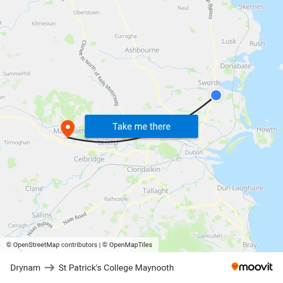 Drynam to St Patrick's College Maynooth map
