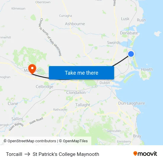 Torcaill to St Patrick's College Maynooth map