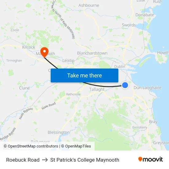 Roebuck Road to St Patrick's College Maynooth map