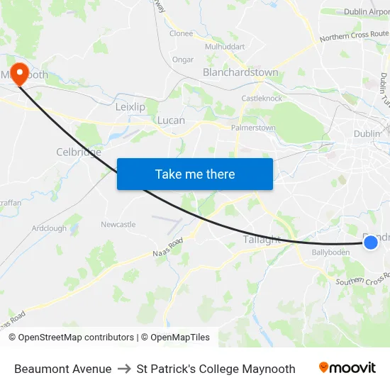 Beaumont Avenue to St Patrick's College Maynooth map