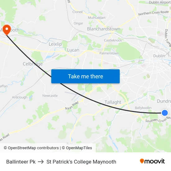 Ballinteer Pk to St Patrick's College Maynooth map