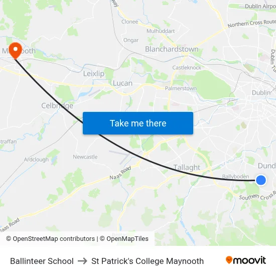 Ballinteer Sch to St Patrick's College Maynooth map