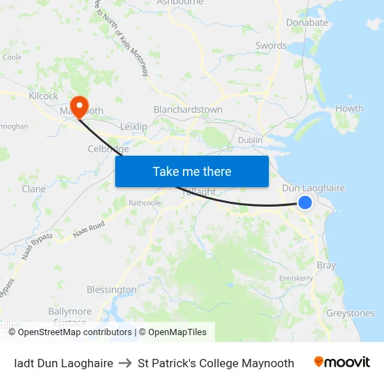 Iadt Dun Laoghaire to St Patrick's College Maynooth map