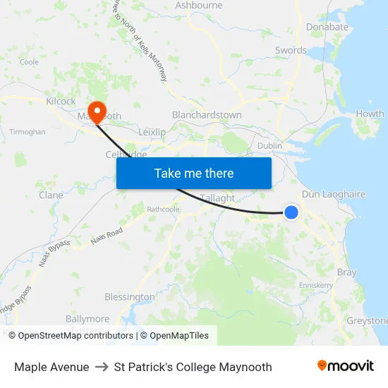 Maple Avenue to St Patrick's College Maynooth map