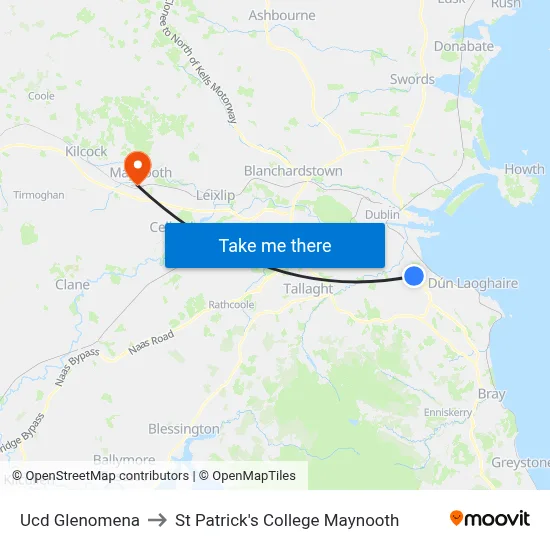 Ucd Glenomena to St Patrick's College Maynooth map