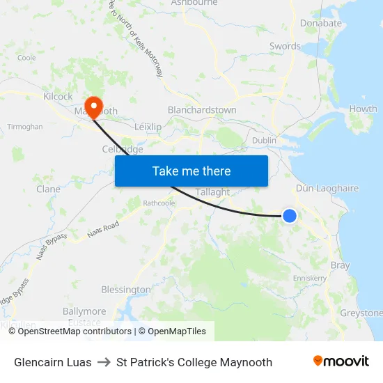 Glencairn Luas to St Patrick's College Maynooth map