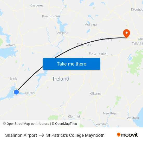 Shannon Airport to St Patrick's College Maynooth map