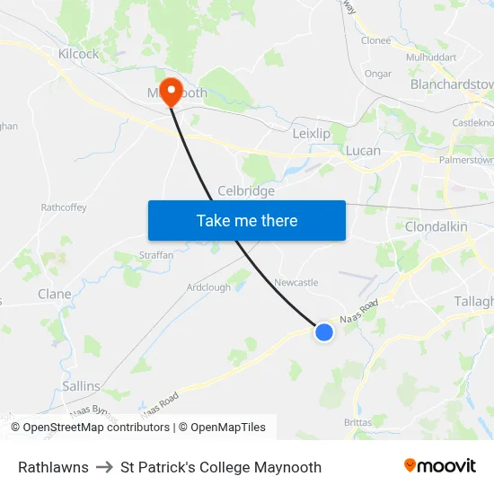 Rathlawns to St Patrick's College Maynooth map