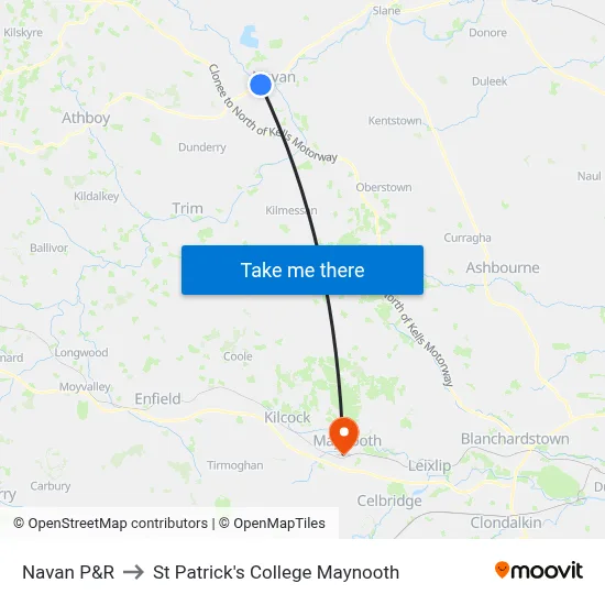 Navan P&R to St Patrick's College Maynooth map