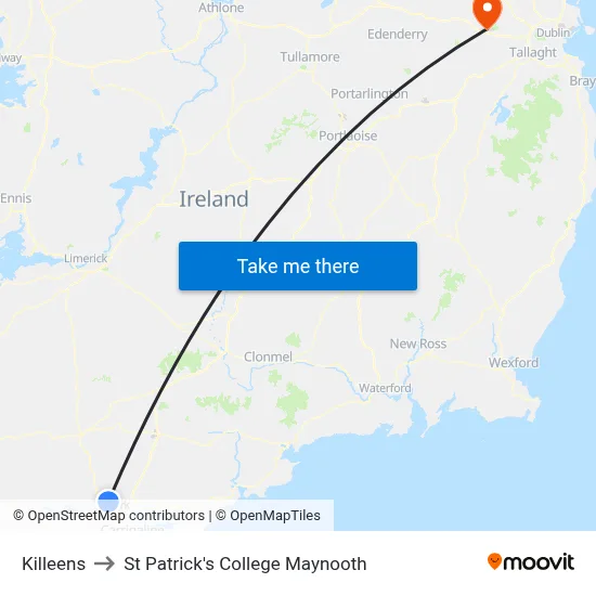 Killeens to St Patrick's College Maynooth map