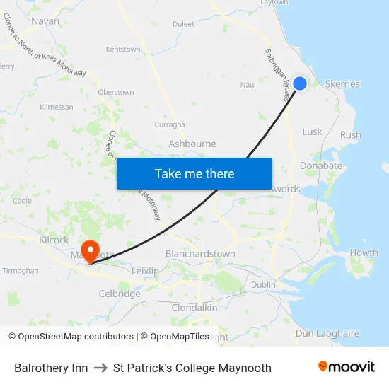 Balrothery Inn to St Patrick's College Maynooth map
