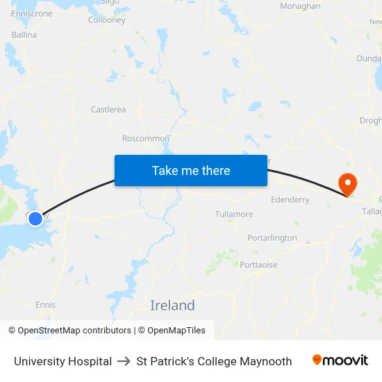 University Hospital to St Patrick's College Maynooth map